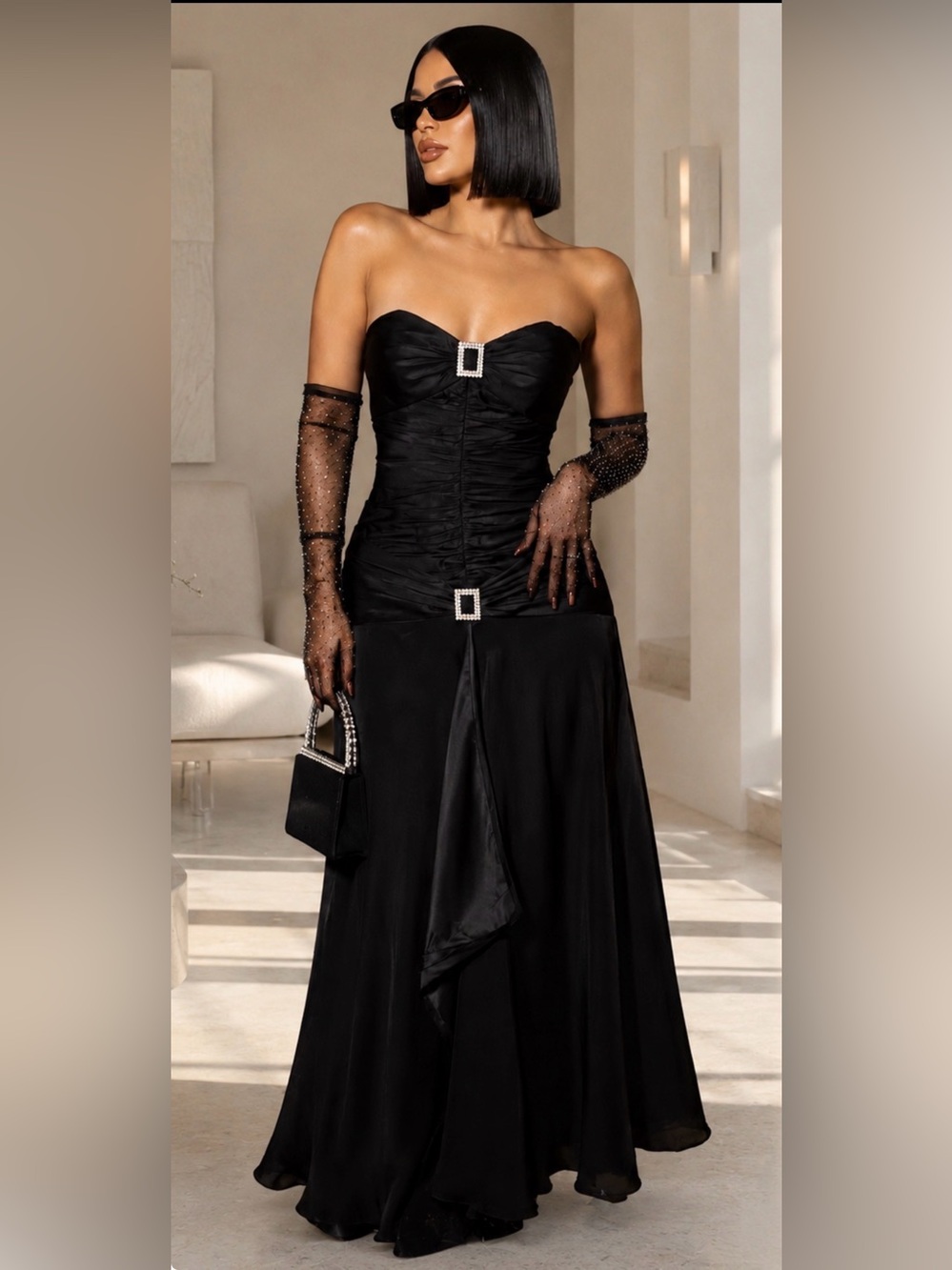 100% silk vintage Strapless Black Evening Gown with Rhinestone Accents y2k vibe